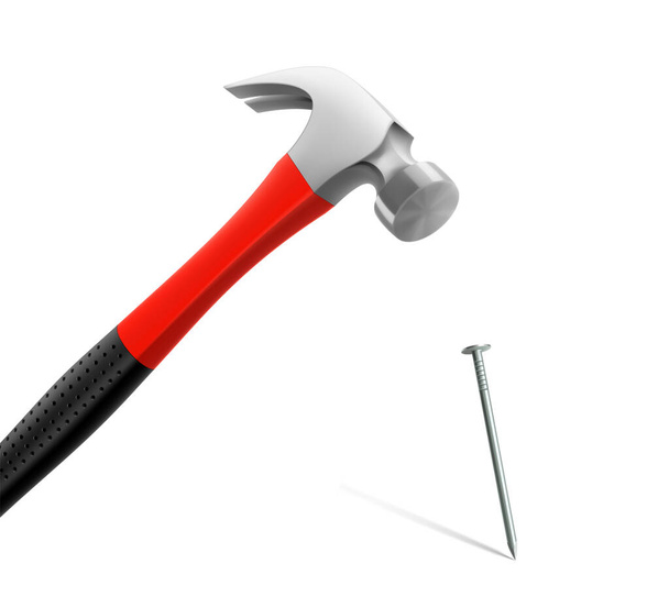 Carpenter hammer driving a nail, isolated on white background. Fitter's hammer for chiselling and driving in nails and dowels as well as for joining components. Realistic 3d vector illustration - Vector, Image