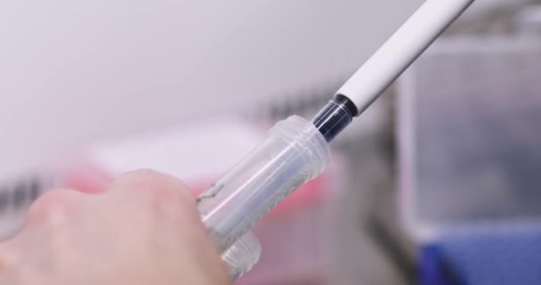 Assistant combines liquids in test tube working in infections researching center closeup. Medic takes sample with pipette for studying in lab - Footage, Video