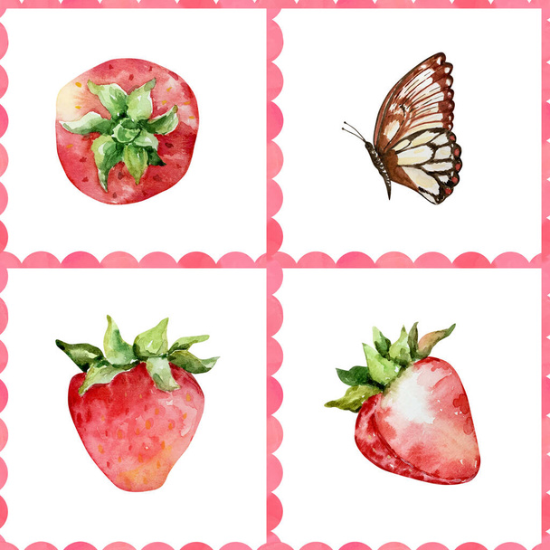 Nahtloses Muster von Aquarell-Erdbeeren und Schmetterlingen in einem Rahmen für Design und Druck - Foto, Bild