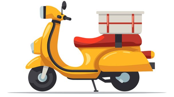 Consegna scooter parcheggiato pacchetto di trasporto, posto vuoto. Servizio di consegna moto giallo, vista laterale, stile cartone animato. Scooter dotato di scatola di carico posteriore, trasporto urbano veloce, isolato sfondo bianco - Vettoriali, immagini