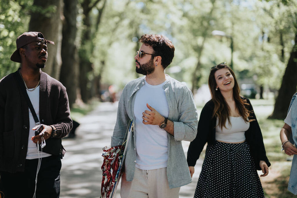 Веселая группа многорасовых друзей смеется и болтает во время прогулки по солнечному, засаженному деревьями городскому парку, олицетворяющему радость и единение. - Фото, изображение