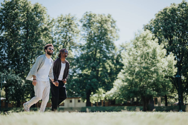 Una giovane coppia gay multirazziale che si tiene per mano e passeggia in un parco lussureggiante, irradiando gioia e felicità in una luminosa giornata di sole. - Foto, immagini