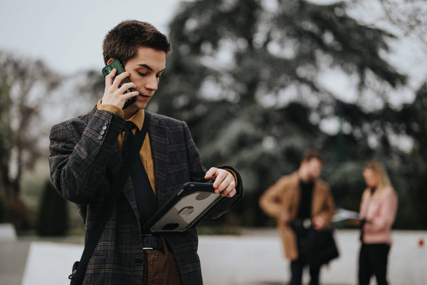 Ekose takım elbiseli genç bir profesyonel, arka planda iş arkadaşlarıyla bir telefon görüşmesi yapıyor.. - Fotoğraf, Görsel