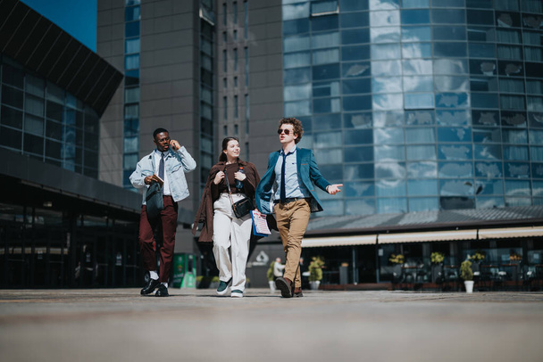 Three business professionals in casual work attire energetically discuss and strategize while walking in a modern urban environment with reflective buildings in the background. - Photo, Image