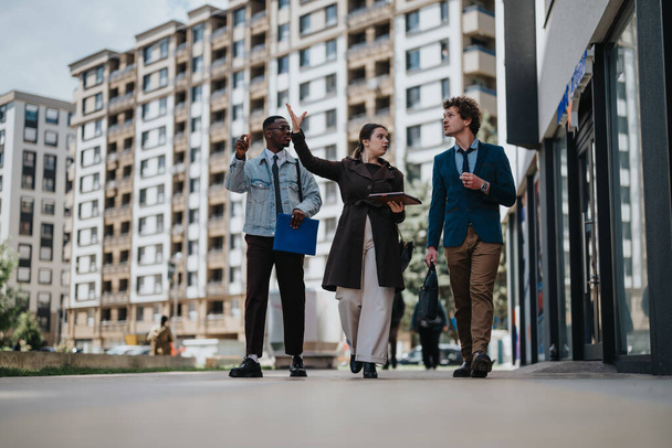Multiracial Business Team aktiv in eine Diskussion verwickelt, während zu Fuß durch ein Stadtgebiet mit moderner Architektur im Hintergrund. - Foto, Bild