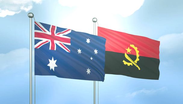 3D Flag of Australia and Angola on Blue Sky with Sun Shine - Photo, Image