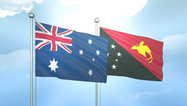 Flaga 3D Australii i Papui Nowej Gwinei na błękitnym niebie z blaskiem słońca - Zdjęcie, obraz