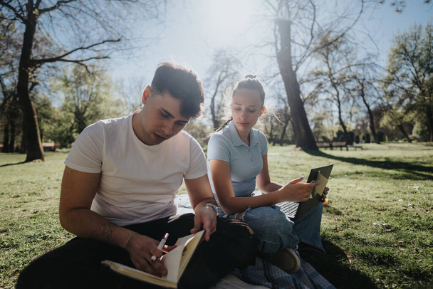 Deux lycéens étudient et collaborent à des devoirs en plein air, à l'aide de livres et d'un ordinateur portable. - Photo, image
