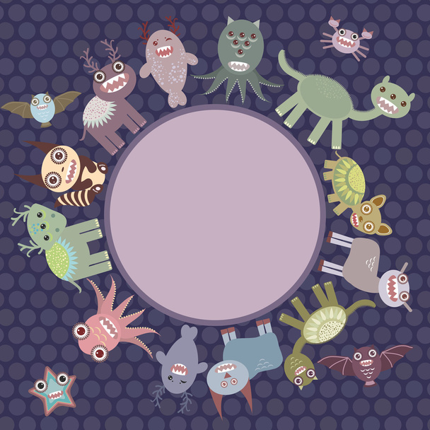 Card for your text in circle. Funny cute dinosaur monsters on dark dot background. Vector - Vector, Image