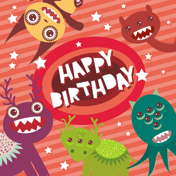 Happy birthday Funny monsters party card design on pink striped background with stars. Vector  - Vector, Image