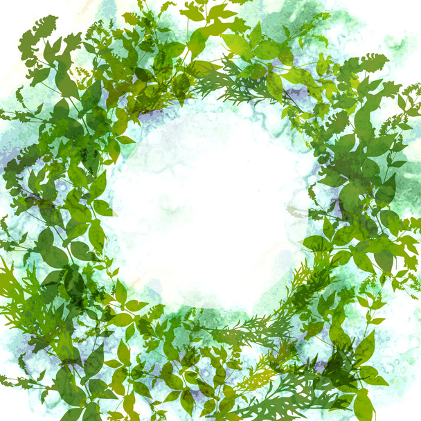 Spring background, wreath with green leaves, watercolor. Round banner for text. Vector - Vektori, kuva