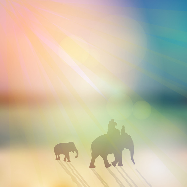 Elephant with mahout and small elephant silhouette on sunny sky and beach background. Vector - Vector, Image