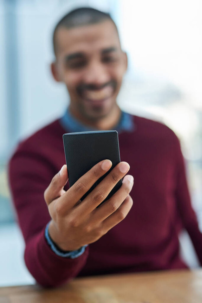 Happy, businessman and hand with smartphone for communication, connection and social media with bokeh blur. Male person, smile and mobile for phone call, email and contact with clients or customers. - Photo, Image