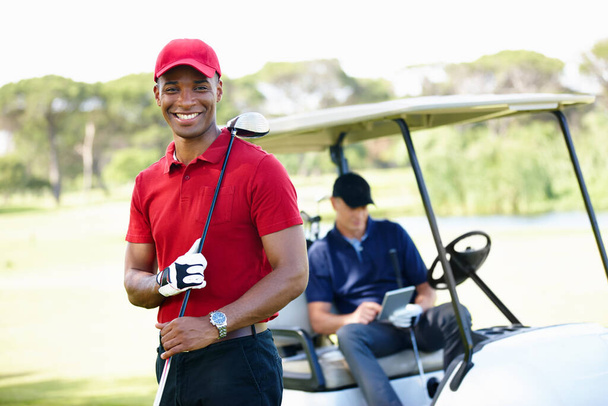 Black man, golf and portrait for sports, fitness and exercise for hobby outdoor. Pro golfer club, happy person and equipment with friend for adventure on field for activity and game on vacation. - Photo, Image