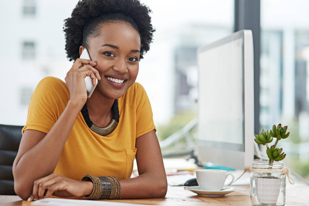 Business, portrait and black woman with phone call for conversation, planning and networking with contact. Startup project, female employee or graphic designer as career, tech and talk in office. - Photo, Image