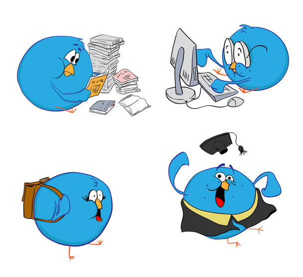 4 つの青い鳥と学習 - ベクター画像