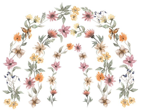 Aquarel rustieke wilde bloemen regenboog Illustratie, Hand getekende weide bloemen clipart, Uitnodiging voor het huwelijk, Logo ontwerp, baby shower, kaart maken, bloemen arrangement - Foto, afbeelding