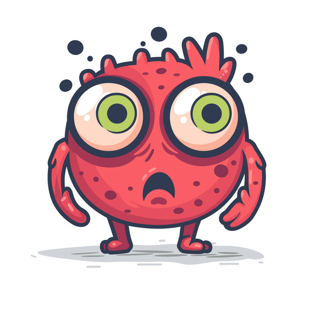 Red cartoon monster looking surprised alarmed, standing upright, large green eyes, worried expression. Cute mythical creature, red body, spots, two arms, two legs, looking confused, shadow beneath - Vector, Image