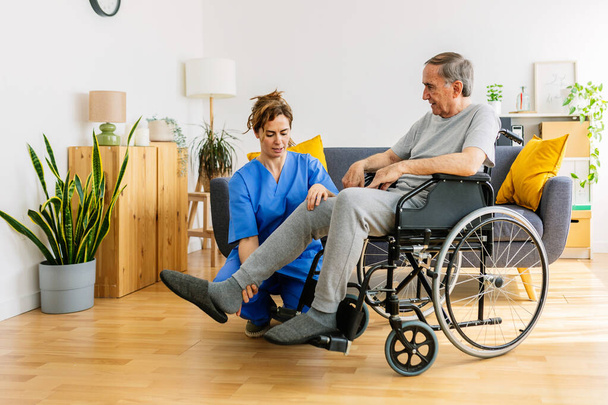 Kobieta pracownik medyczny pomaga starszemu mężczyźnie na wózku inwalidzkim w ćwiczeniach rozciągania nóg w domu. Koncepcja opieki zdrowotnej w podeszłym wieku. - Zdjęcie, obraz
