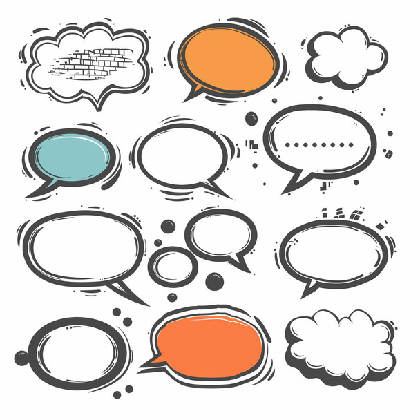 Συλλογή κόμικς ομιλία φυσαλίδες ζωγραφισμένα στο χέρι doodle στυλ. Ποικιλία μπαλόνια διαλόγου που αντιπροσωπεύουν έννοιες επικοινωνίας συνομιλία. Έντονες πορτοκαλί μπλε αποχρώσεις ξεχωρίζουν ενάντια σε διαβαθμίσεις του γκρι - Διάνυσμα, εικόνα