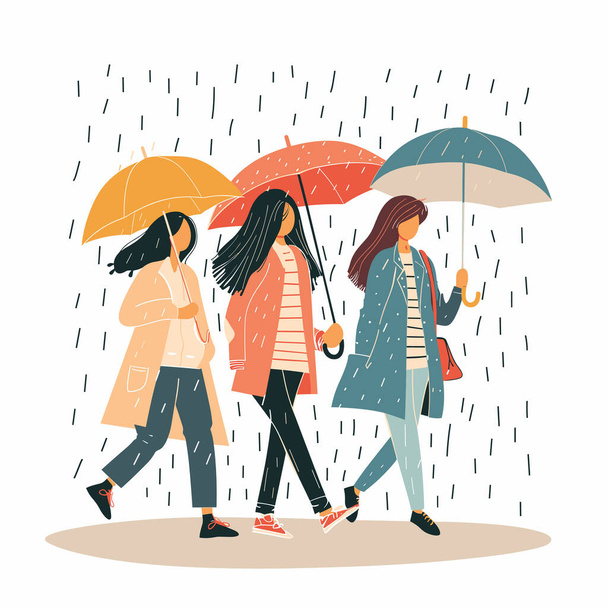 Tres mujeres caminando bajo paraguas durante la lluvia. Diversas mujeres caminan juntas ropa casual en medio del aguacero, mostrando unidad amistad inclemencias del tiempo. Diseño plano contemporáneo captura - Vector, imagen