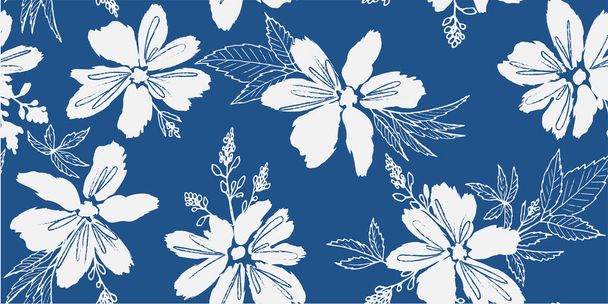Moderno simples azul branco monocromático padrão floral sem costura. Fundo de grandes flores brancas. Vários elementos botânicos espalhados por um fundo azul marinho. Vetor para impressão em tecido, papel de parede, vestuário, web design. - Vetor, Imagem