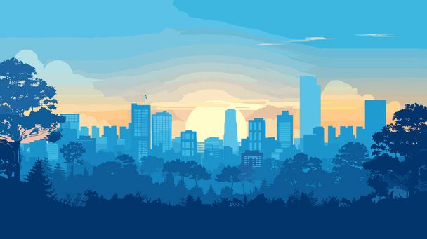 Silhouetted city skyline against sunrise, urban landscape skyscrapers trees silhouette, blue orange hues. Panoramic cityscape illustration, sunrise behind buildings, tranquil early morning - Vector, Image