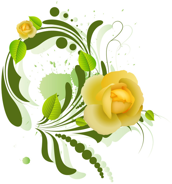 Beautiful Yellow Roses on Green Swirl Element - Διάνυσμα, εικόνα