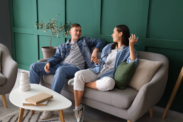Jovem casal conversando no sofá cinza na sala de estar - Foto, Imagem