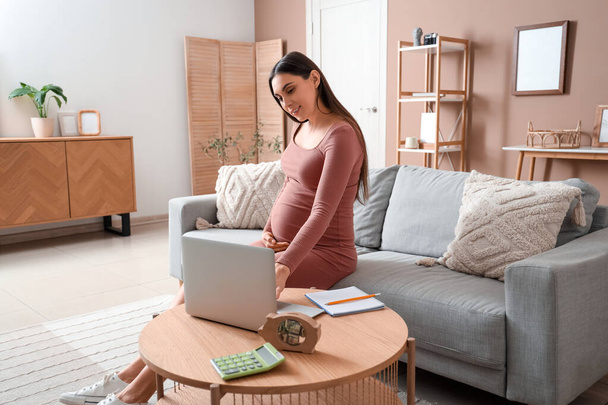 Evde dizüstü bilgisayar kullanan hamile bir kadın. Annelik Faydası kavramı - Fotoğraf, Görsel