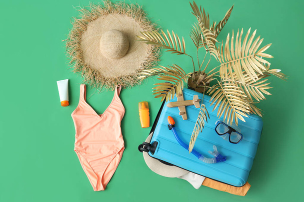 Skład z walizką, akcesoriami plażowymi, damskim strojem kąpielowym i egzotyczną rośliną na zielonym tle - Zdjęcie, obraz
