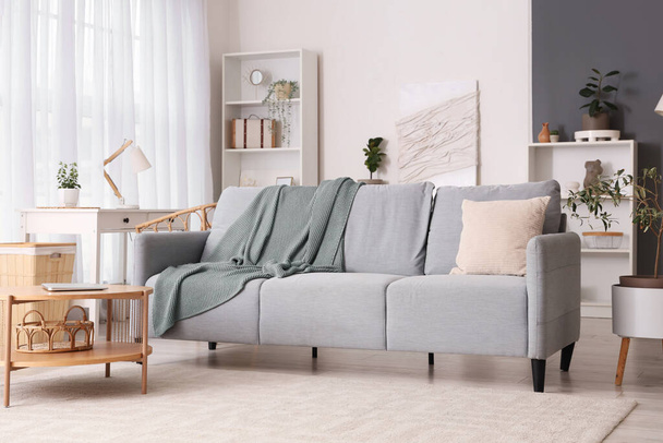 Interno di luminoso soggiorno con comodo divano, tavolino e coperta - Foto, immagini