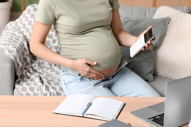 Mujer joven embarazada con calculadora, portátil y portátil sentado en el sofá en la sala de estar - Foto, Imagen