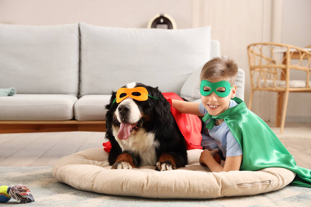 Boy and dog in superhero costumes lying on pet bed near sofa - Photo, Image