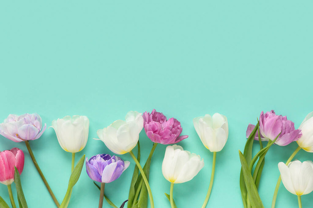 Krásné tulipány na tyrkysovém pozadí. Slavnost Dne matek - Fotografie, Obrázek