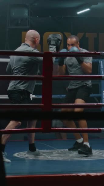 Vertical shot of African American boxer wearing boxing gloves exercising with coach before competition. Male athlete hits punching mitts training in boxing ring. Physical activity and intense workout. - Footage, Video