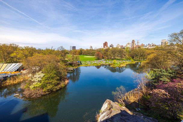 Piękny widok ze szczytu zamku Belvedere jeziora i zielonych trawników z ludźmi relaksującymi się w Central Parku, Manhattan. Nowy Jork. Stany Zjednoczone. - Zdjęcie, obraz