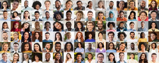Különböző hátterű arcok kollázsa, amelyek a sokszínűséget, a globális közösség vizuális ábrázolását és az emberek kapcsolatát ábrázolják - Fotó, kép