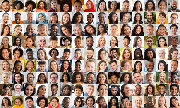 Ця яскрава сітка різноманітних людських облич пропонує знімки різноманітності людей, які складають наш світ, ідеально підходить для представлення понять єдності в різноманітті - Фото, зображення