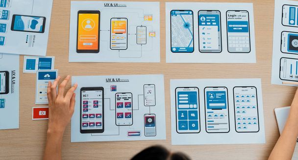 Mobil uygulama ya da web sitesi için kullanıcı arayüzü prototipi planlayan yeni kurulan şirket çalışanlarının panorama afişi. UX UI tasarımcı beyin fırtınası kullanıcı dostu arayüz planı. Sinerjik - Fotoğraf, Görsel