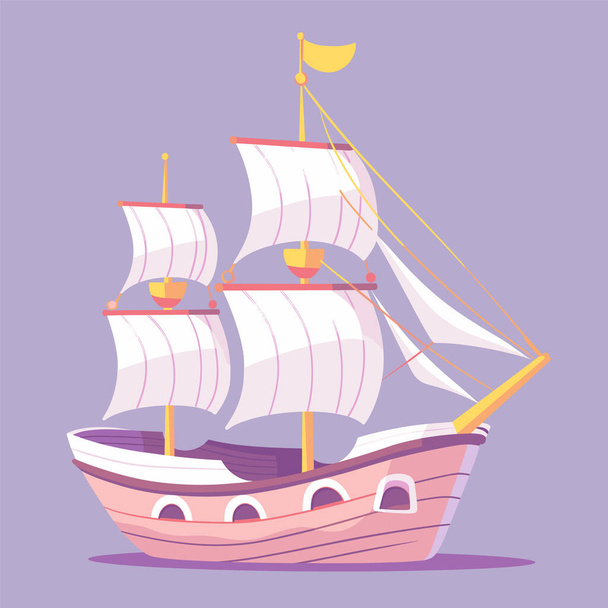 Vanhanaikainen purjevene piirustus sarjakuva tyyli violetti tausta. Purjehdus laiva elinvoimainen värit kuvitus taidetta. Merialus purjehtii mastot meri seikkailu clipart - Vektori, kuva
