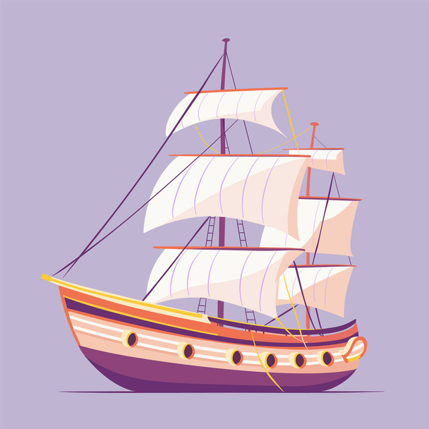 Klassinen pitkä vektorikuva, violetti tausta. Purjealus useita purjeet asettaa matkan, meri seikkailu käsite. Puinen purjelaiva, historiallinen kuljetus, meriteema - Vektori, kuva