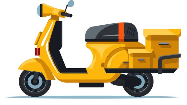 Illustrazione del fumetto del motorino giallo di consegna. Trasporto urbano moderno consegna pacchi alimentari grafica vettoriale. Fondo bianco isolato, due ruote senza cavalieri - Vettoriali, immagini