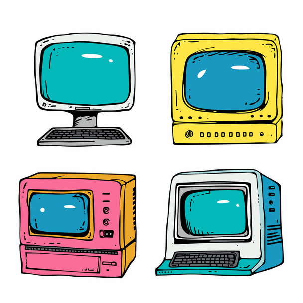 Käsinpiirretty vintage tietokoneiden kuvitus, värikäs retro PC asetettu. Kokoelma vanhanaikainen tietokoneen näytöt, näppäimistöt, elinvoimainen vaaleanpunainen, keltainen, sininen. Nostalginen tietotekniikka, digitaalinen nostalgia - Vektori, kuva
