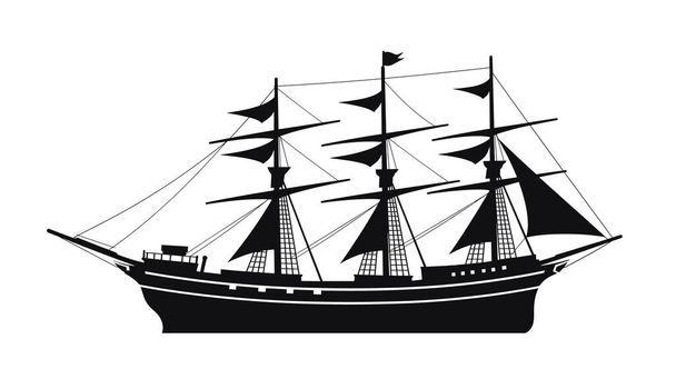 Schwarze Silhouette Segelschiff drei Masten Segel. Oldtimer Schiff See See Seeverkehr. Hohe Segelboot nautische Reise isoliert weißen Hintergrund - Vektor, Bild