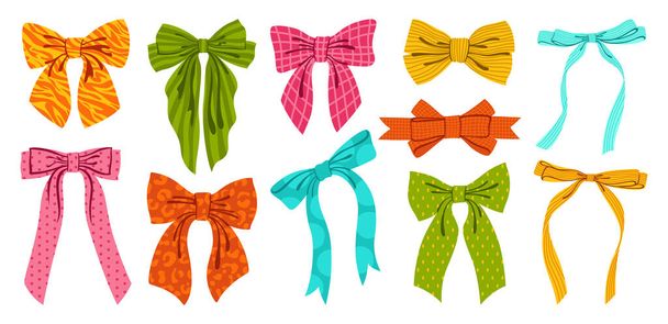 Ribbon bows with ornament pattern decor set. Trendy glamour tape icons for celebrations wedding, birthday decoration. Various cartoon bow silk knot gift ribbons. Cute hand drawn vector illustration - Vector, Image