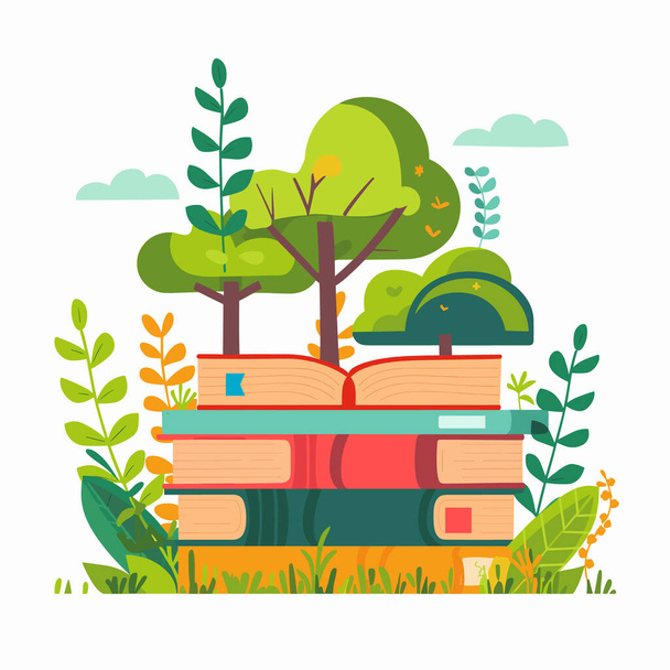 kolorowy wektor ilustracji ułożone książki otoczone bujną zielenią rośliny naturainspirowane projekt. Książki stanowią podstawę kapryśnych zielonych liści drzew, symbolizujących wzrost wiedzy. Żywe kolory - Wektor, obraz