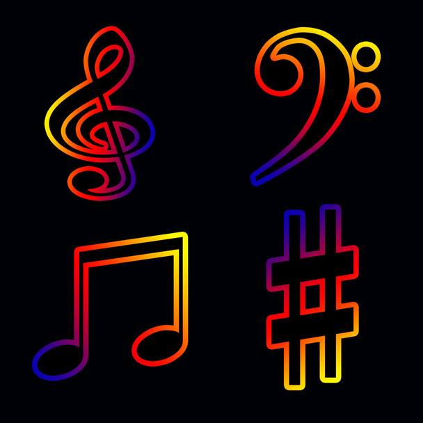 Neon musical notes and keys on a black background - Фото, изображение
