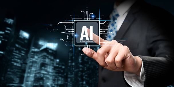 Los seres humanos interactúan con el procesador cerebral de inteligencia artificial de IA en concepto de ingeniería de inteligencia artificial de IA, big data y aprendizaje automático de IA para usar la IA generativa como soporte empresarial. Faas. - Foto, Imagen