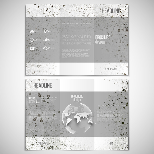 Vector set of tri-fold brochure design template on both sides with world globe element. Molecular black structure, white background. Business or science style, vector illustration - Διάνυσμα, εικόνα